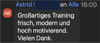 Chat-Stimme: Großartiges Training, frisch, modern und hoch motivierend